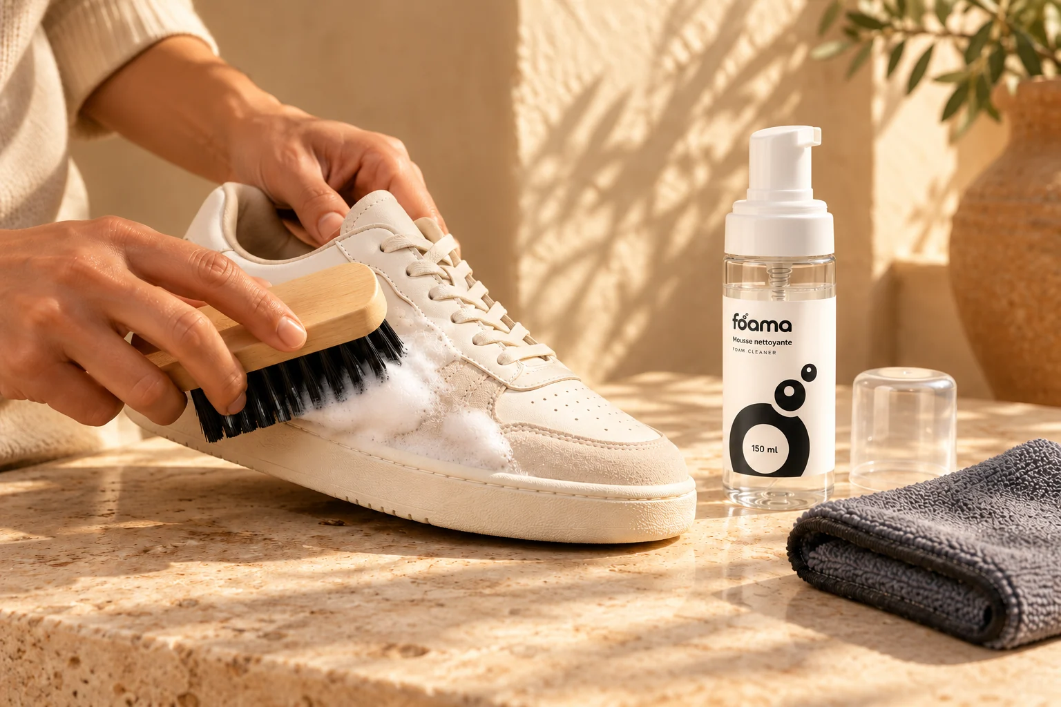 Illustration de mains nettoyant délicatement une sneaker avec la brosse Foama