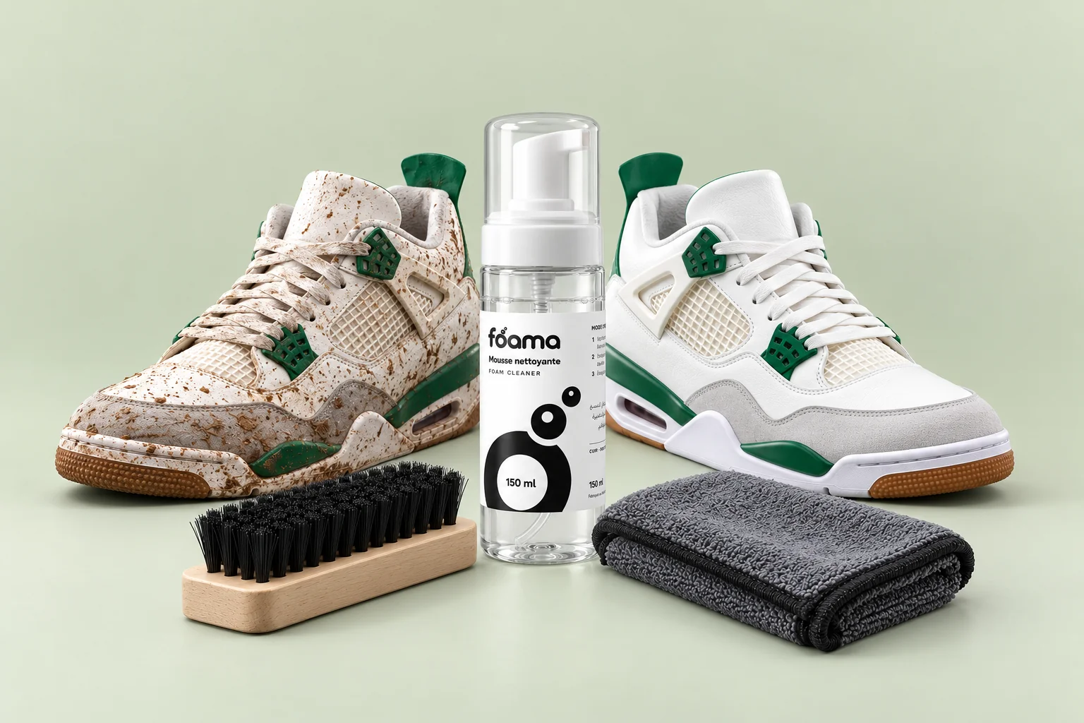 Composition illustrative : mousse Foama entre une sneaker sale et une sneaker propre, sur fond uni