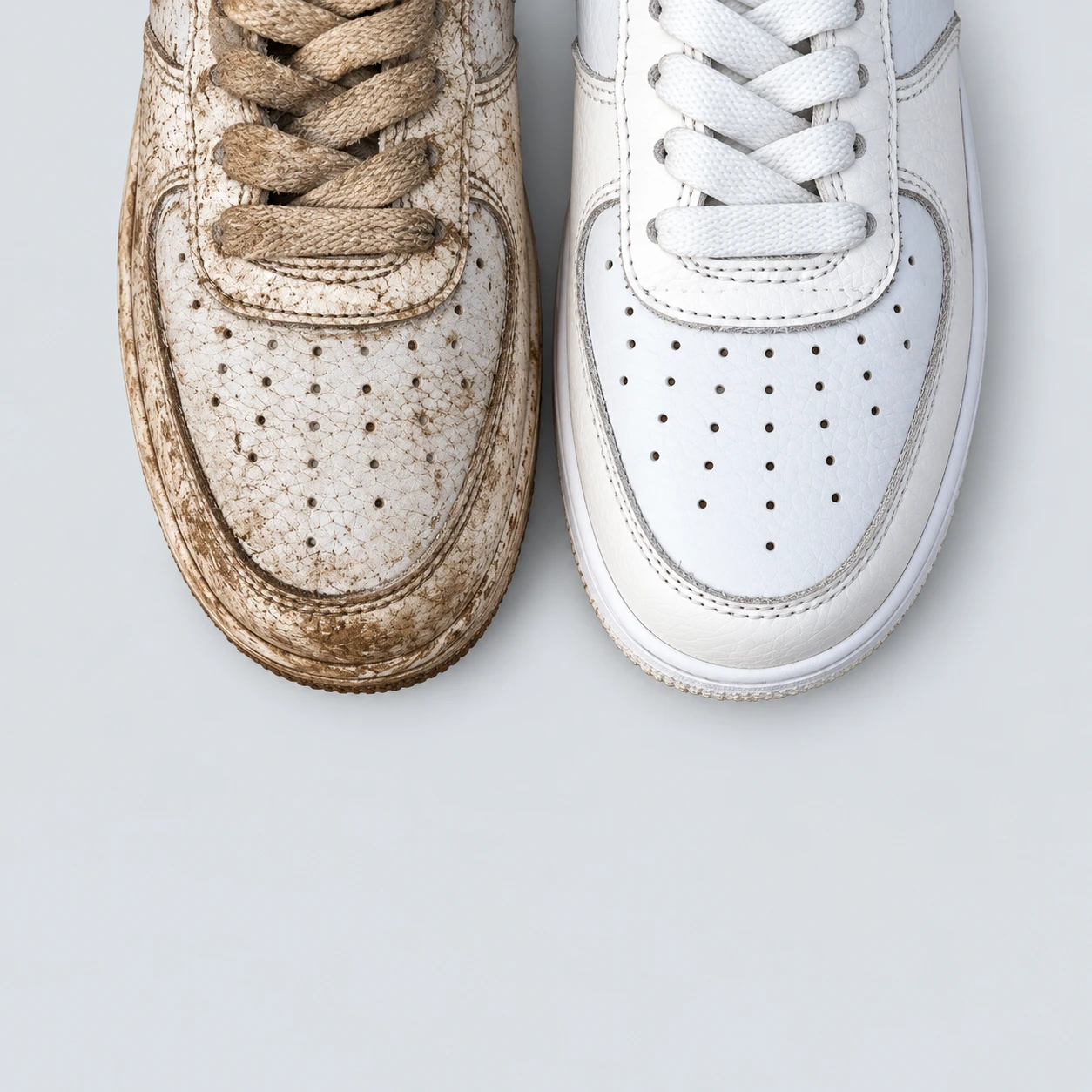 Comparaison illustrative de deux chaussures en cuir : sale à gauche, propre à droite